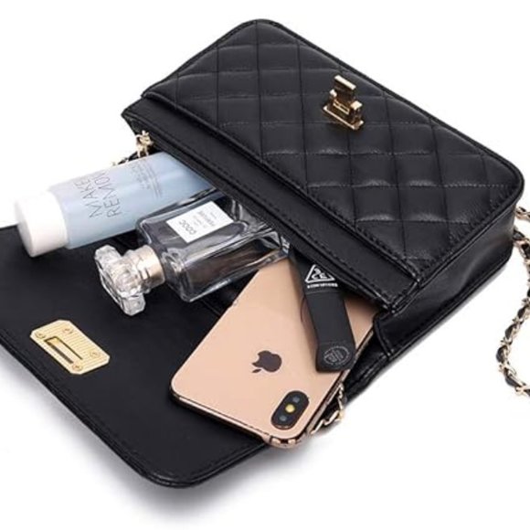 Women Black Quilted Purse Clutch Small Crossbody Shoulder Bag with Chain Strap. - Picture 4 of 10